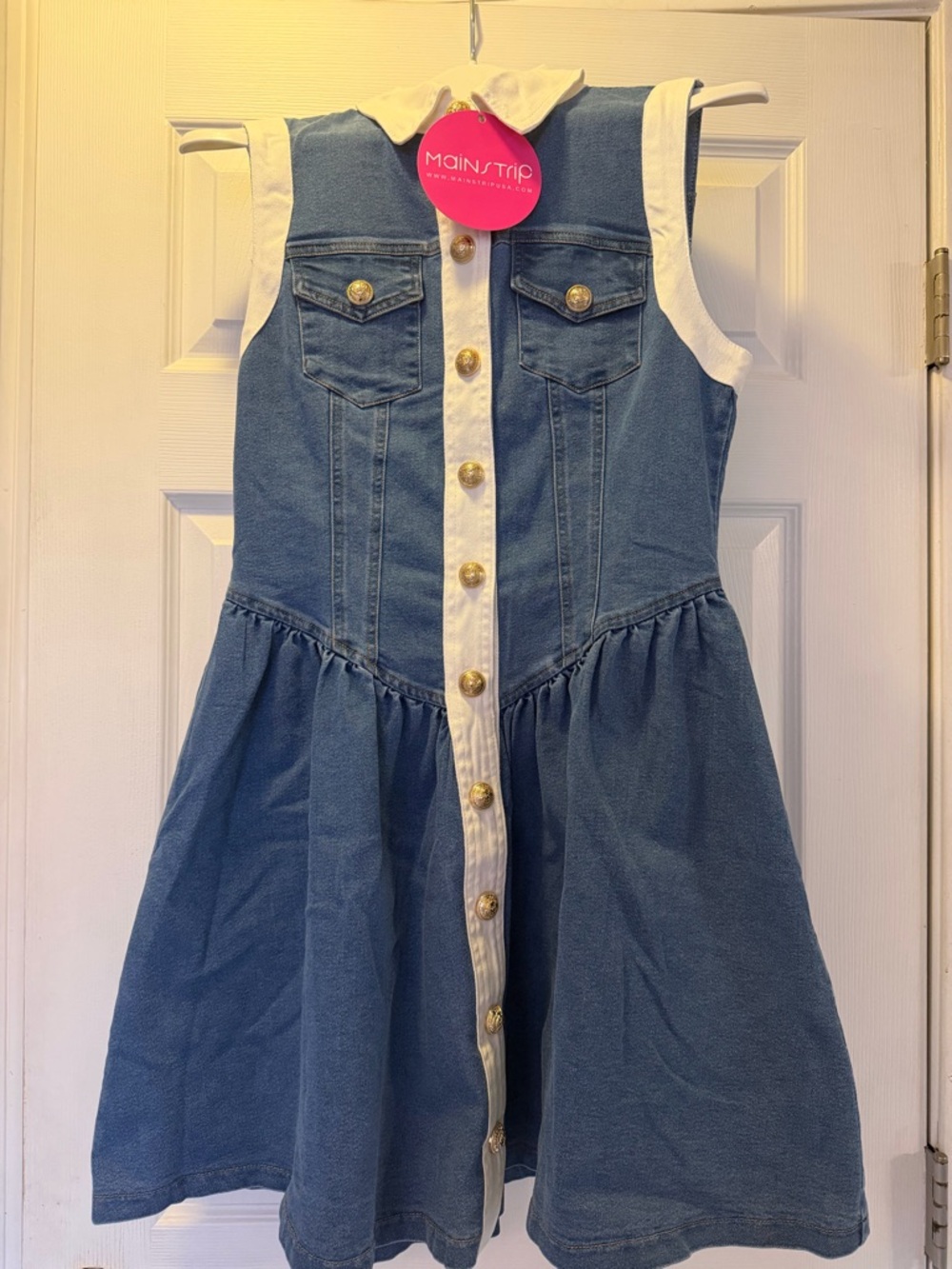 Main Strip Blue Denim Dress with Cream Trim and Gold Buttons